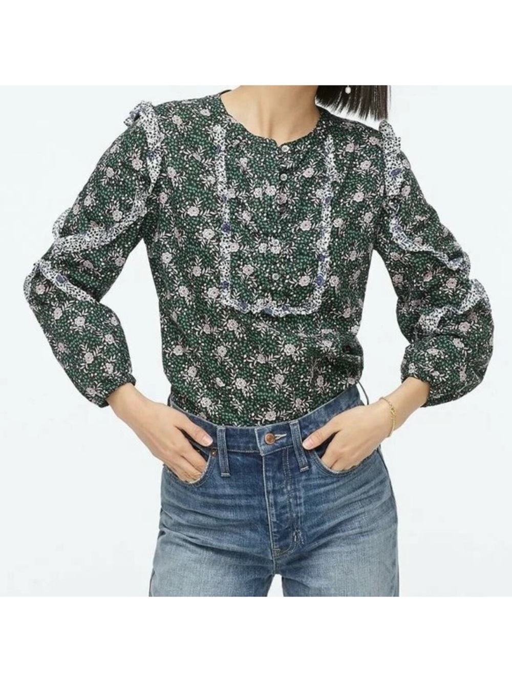 J. Crew Ruffle sleeve blouse liberty Franklyn floral black ivy size medium